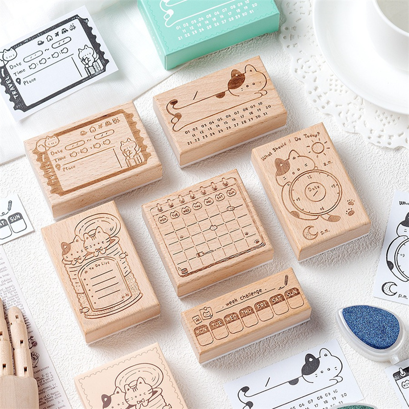 かわいい猫木製ゴムスタンプ月間カレンダーラベルフレームプラン - Rubber Date Stamp のレビューと価格